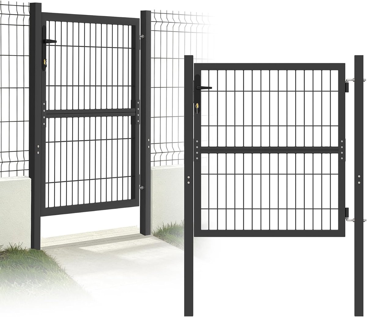 Tuinhek 100x100cm Tuin Draaipoorten Gegalvaniseerd Enkel Geweven Gaas Tuinpoort met Deurpost Kunststof Handgrepen en Insteekslot Tuindeur Hekdeur voor Tuinmagazijnen Bouwplaatsen (Antraciet)