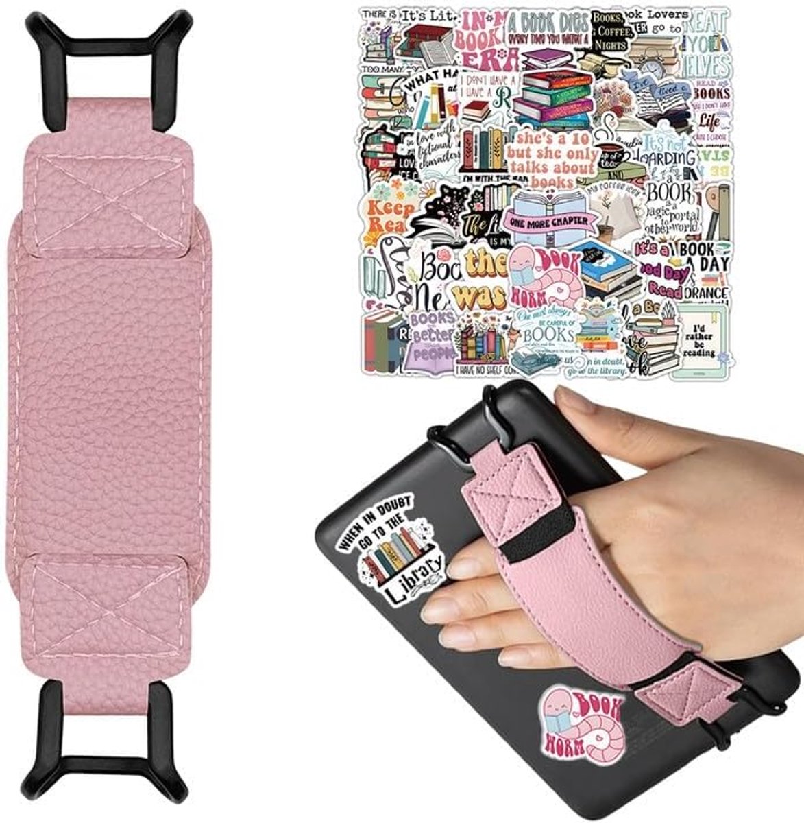 Vingerhouder, 6-8 inch, roze, elastische riem voor Kindle Paperwhite 2025/E-reader/Fire Tablet, 50 Kindle leesstickers