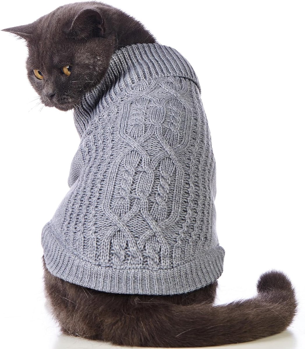 Rolkraag, gebreid, mouwloos, kattenkleding, warme winterkleding, kittenkleding, outfits voor katten of kleine honden in het koude seizoen (M, grijs)