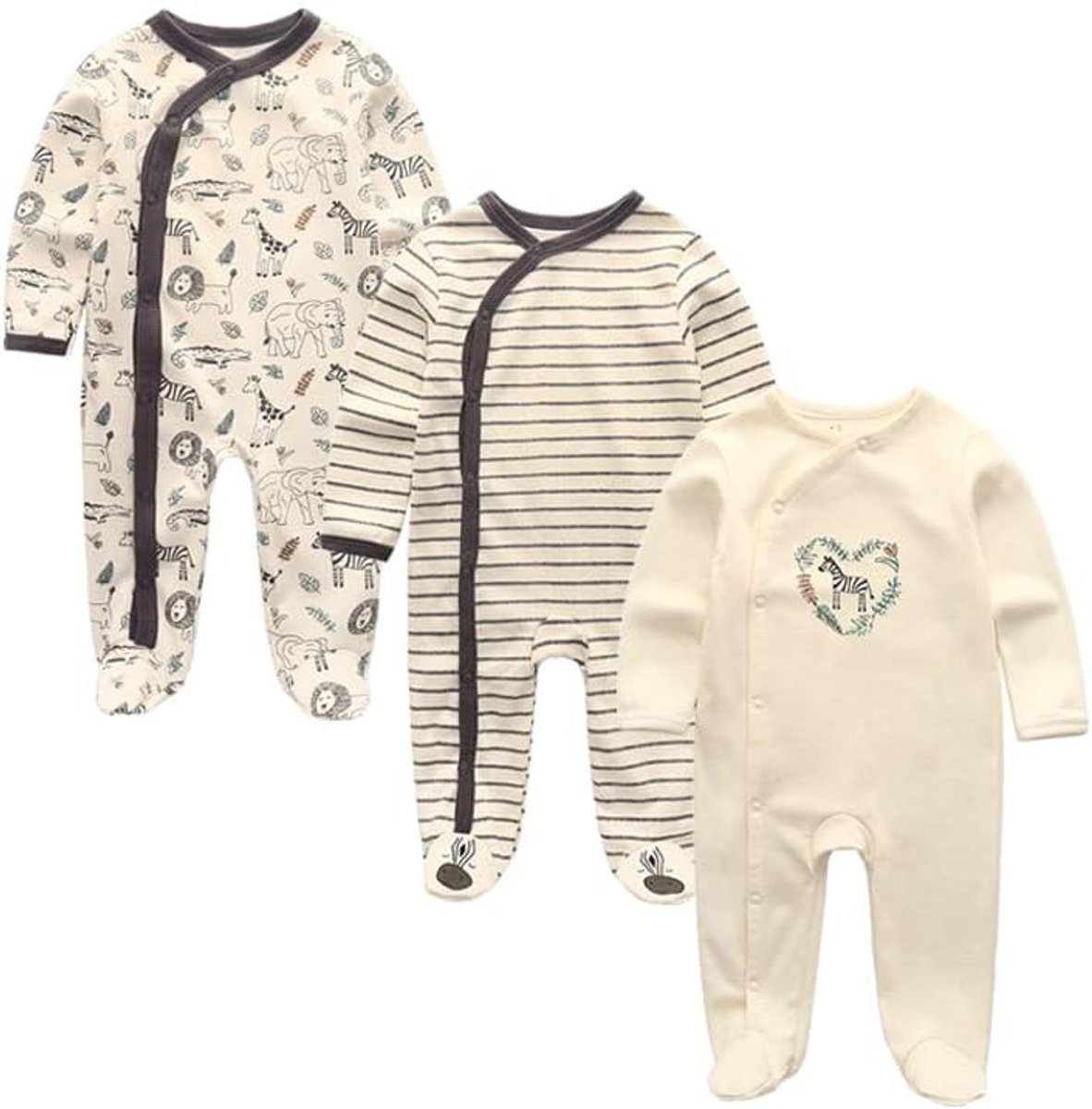 baby slaaprompertje lange mouwen rompertje drukknop pyjama met voet jongens meisjes katoenen pyjama 3-pack