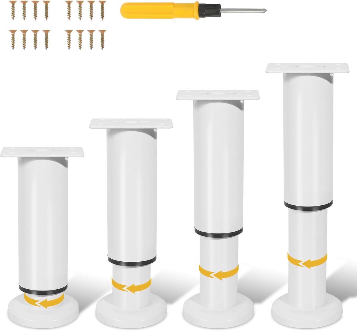 Poten, verstelbare meubelpoten, 12-18 cm, stalen tafelpoten, vergrote basis, met 16 schroeven en 1 schroevendraaier, voor meubels, bank, bed, nachtkastje, kast, wit