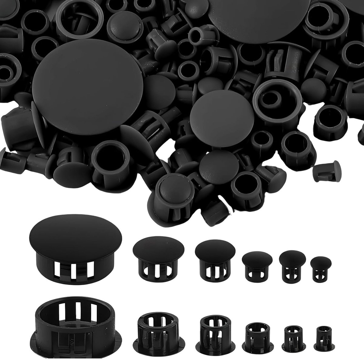 Dailygoods- Gatpluggen 155 Stuks - Kunststof - Klikbare Vergrendelingskappen - Inbouw Type - Diverse Maten 5/6/8/10/13/25 mm - Zwart - Afdekkappen