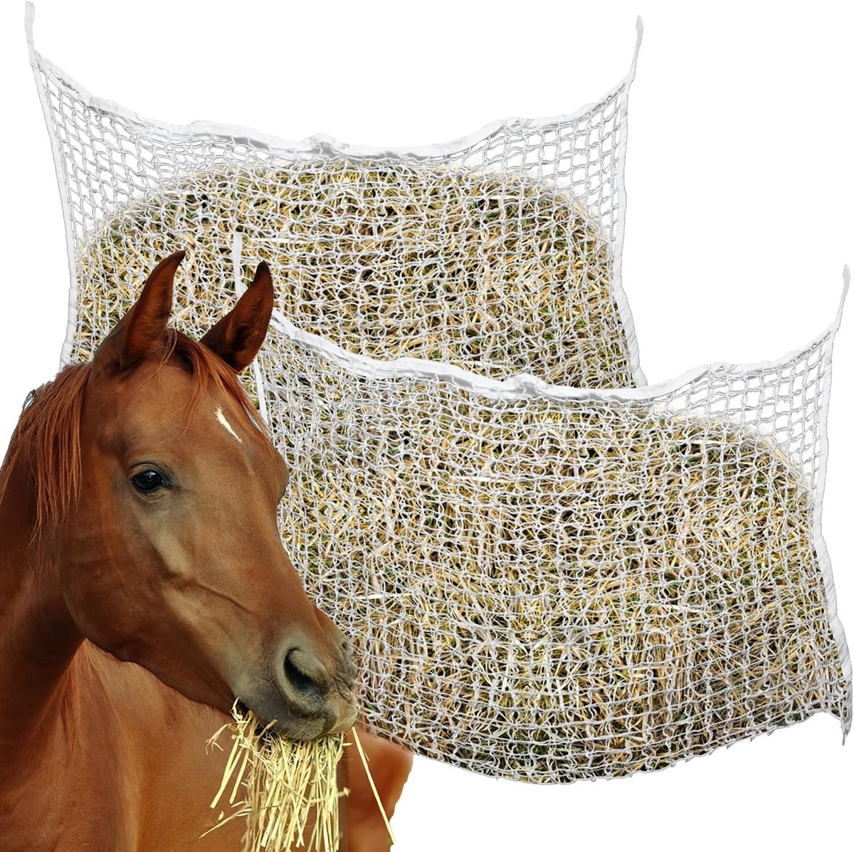 160 x 100 hooienet voor paarden, groot hooiennet, fijnmazig, 3 x 3 cm, verbetert de spijsvertering en welzijn, hooizak voor pony's, jonge paarden, oude paarden, geiten, 2 stuks