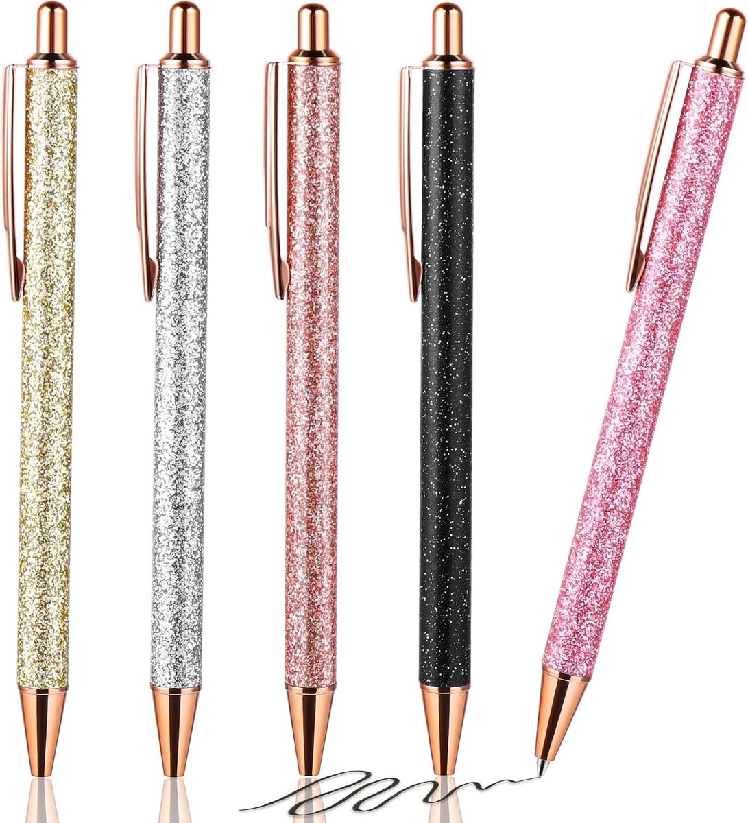Glitterbalpen, 5 stuks, metalen balpen, intrekbaar, voor dames, school en kantoor, cadeau, 1 mm, zwarte inkt