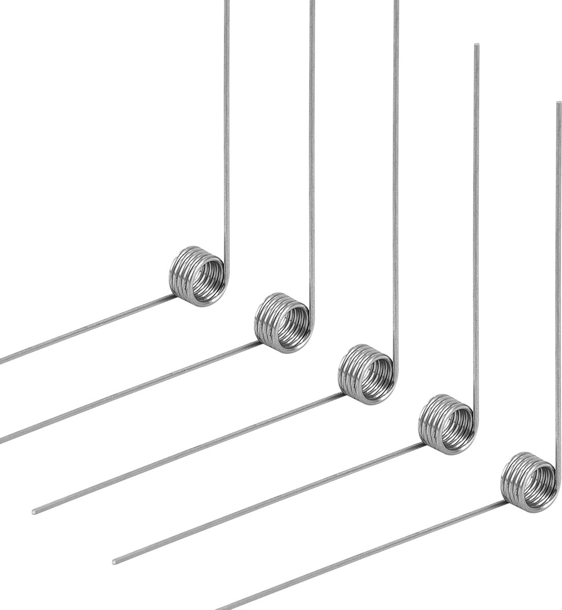 10 stuks roestvrijstalen draaiveren, draaddiameter 0,8 mm, binnendiameter 5 mm, armlengte 50 mm, hoek 90 graden, 5 omwentelingen, recht 0,8 x 5 x 50 mm
