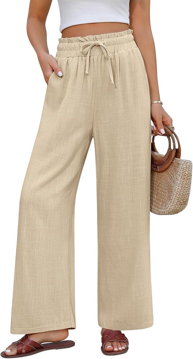 Zomerbroek voor dames, van katoen en linnen, elegant, elastisch, hoge taille, licht, comfortabel, los, met zakken