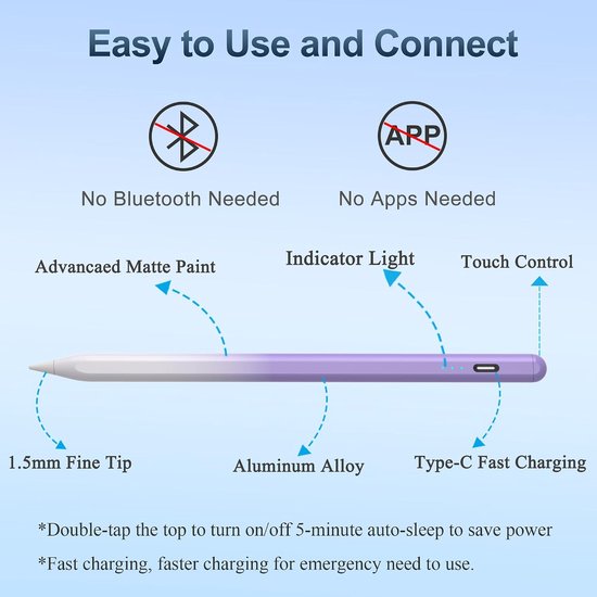 Pen voor Apple iPad 2026-2018, snel opladen/kantelgevoeligheid, Palm Rejection Stylus Pencil voor iPad A16 11e/10e-6e generatie, Air M4 M3 M2 11"/13"/5-3 Gen, Pro M5 11"/13"/12.9", Mini 7e/6e/5e — afbeelding 5