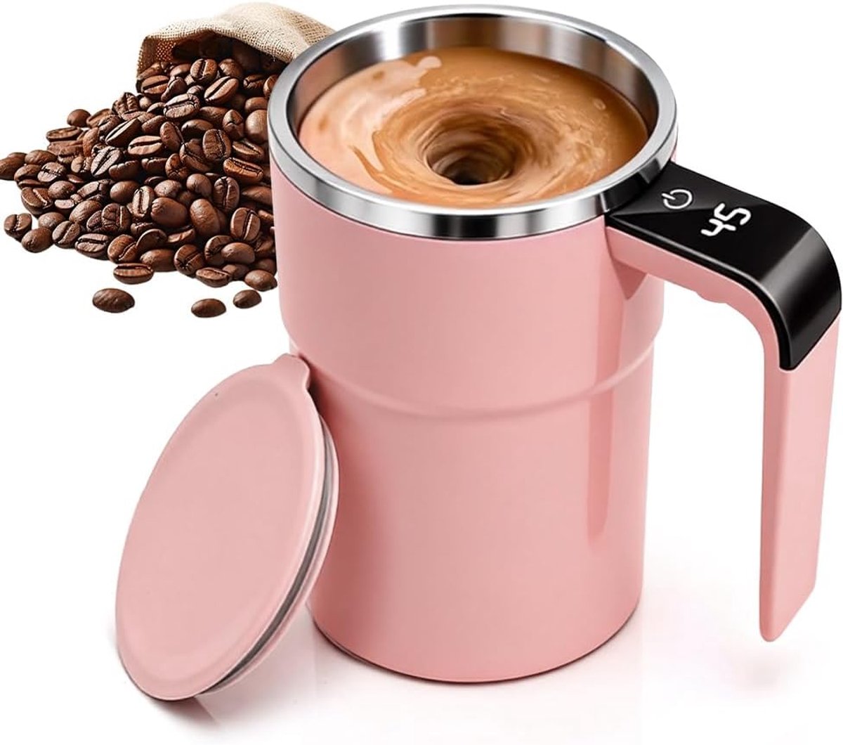 Mok, zelfroerende beker met temperatuurweergave, 304 roestvrij staal, magnetische elektrische shaker met handvat, voor warme chocolade, koffie, melk (roze, 380 ml)