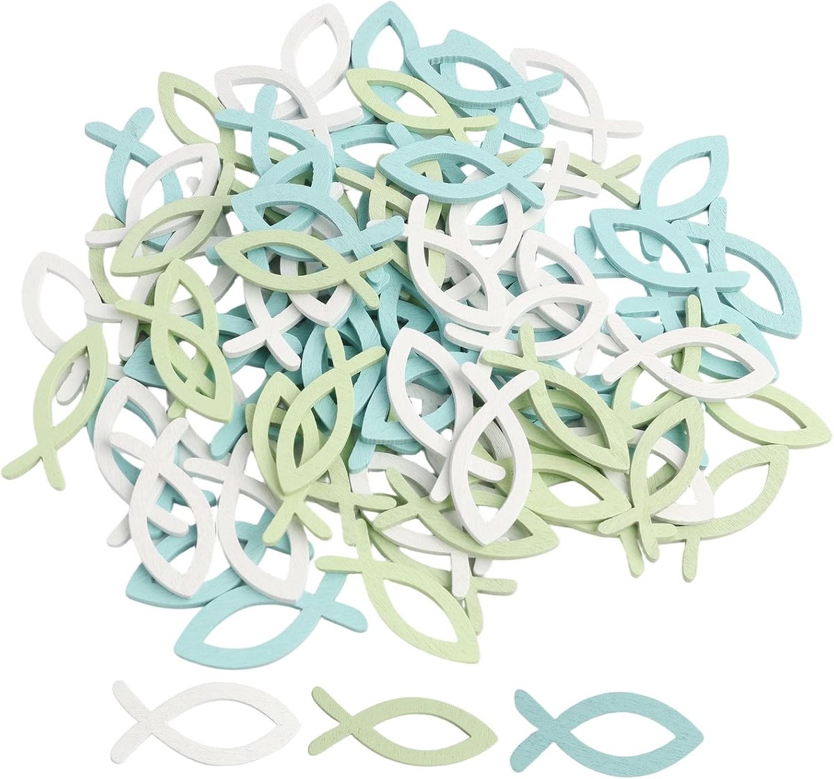 90 stuks vissen van hout, decoratie (wit, blauw, groen), kruishangers van hout, visdecoratie van hout voor bruiloften, doop en communie, handwerk voor feestjes, geschenken, decoraties