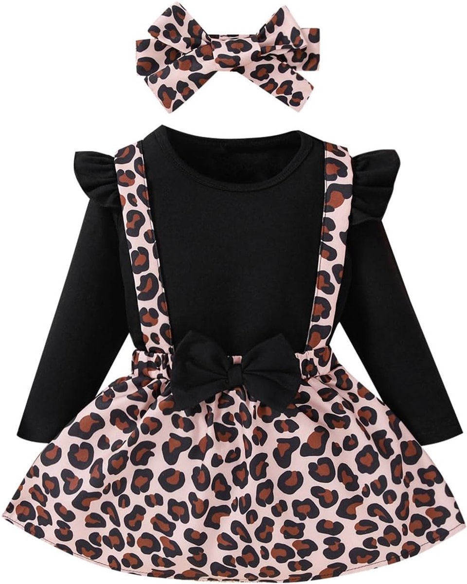 Rokje met Luipaardprint, Romper + Strik Jarretel Jurkje + Hoofdbandjes 3PCS Set, Tops met Ruches Mouwen en Strikjes Hoofdbandjes voor Peuter Meisjes 6 Maanden - 3 Jaar, Zwart
