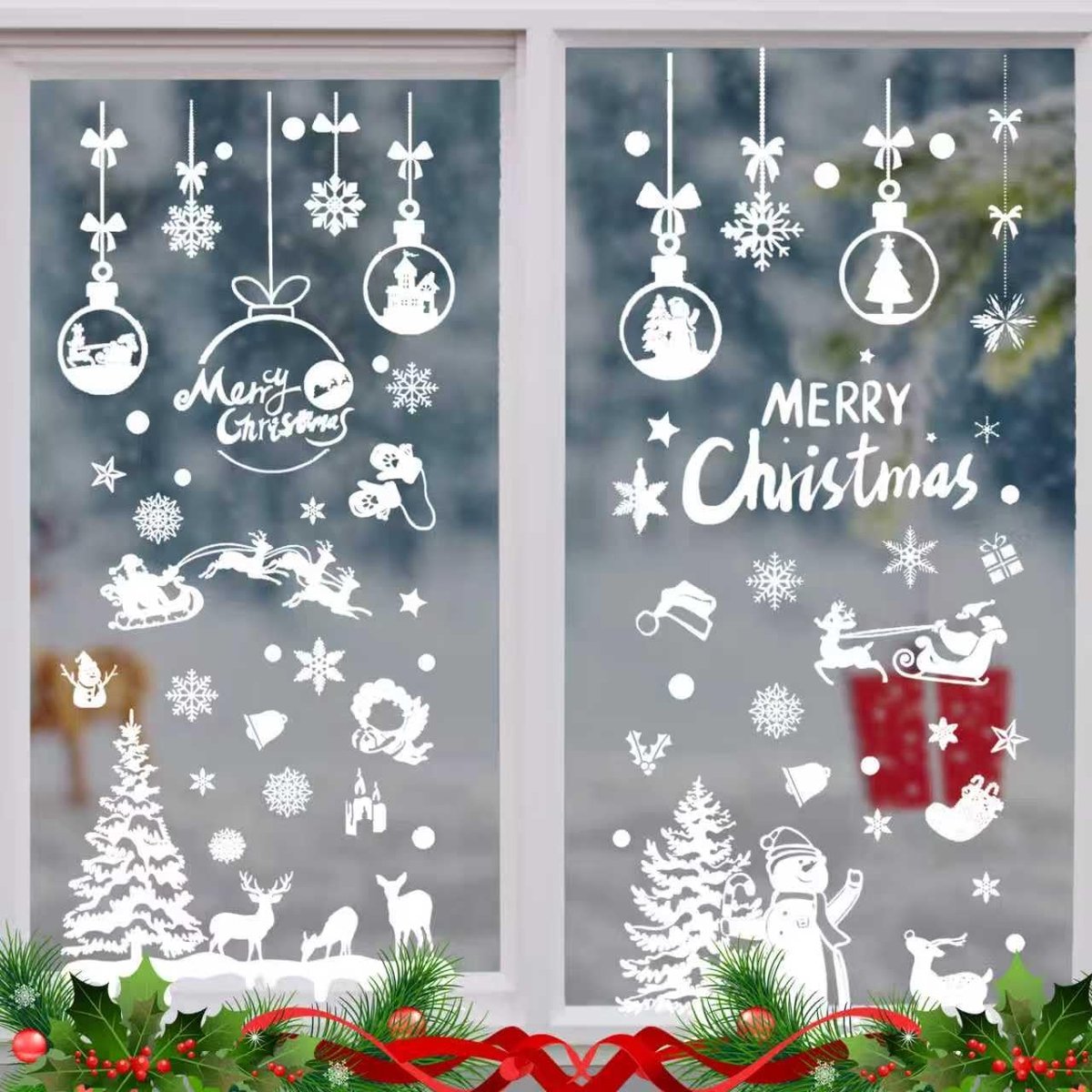 9 vellen raamafbeeldingen Kerstmis, lijmvrij, zelfklevend, met sneeuwvlokken en kerstbomen merh, voor familie, kinderen en winterdecoratie (A)