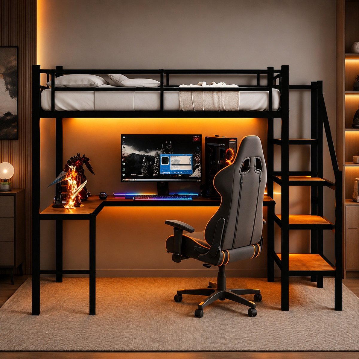 WUVRIE Hoogslaper 90x190 cm met L-vormig bureau, trap met opbergruimte en veiligheidsreling, zwart metaal