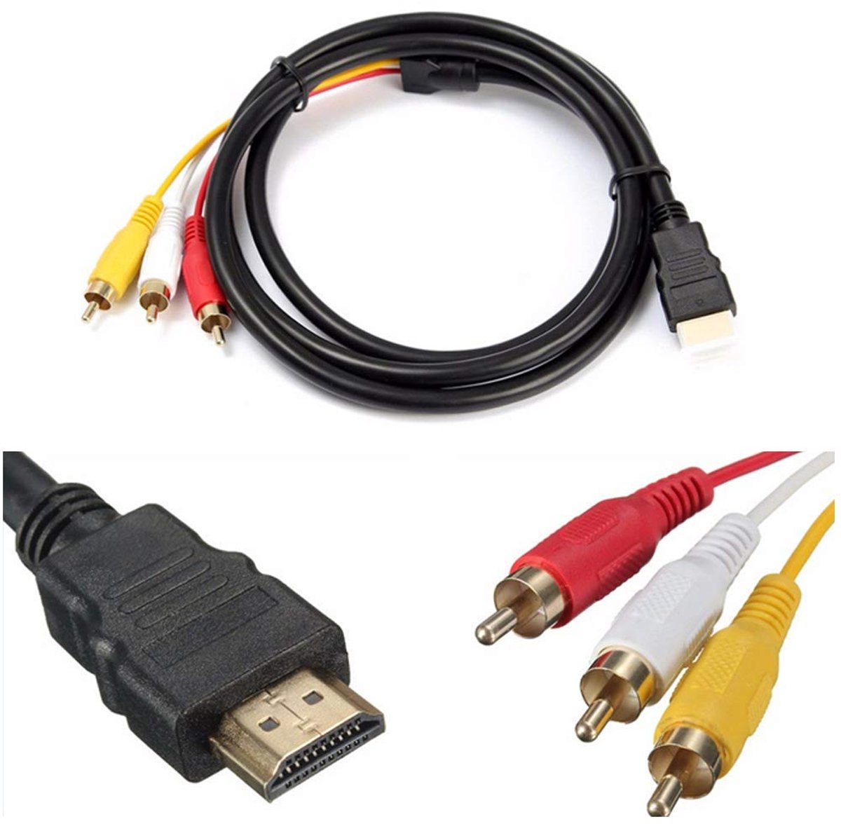 HDMI naar 3RCA kabel 1,5 m - HDMI stekker naar RCA AV adapter voor video en audio 1080p compatibel met tv, HDTV, DVD, LCD-projectoren - geen signaalomzetter