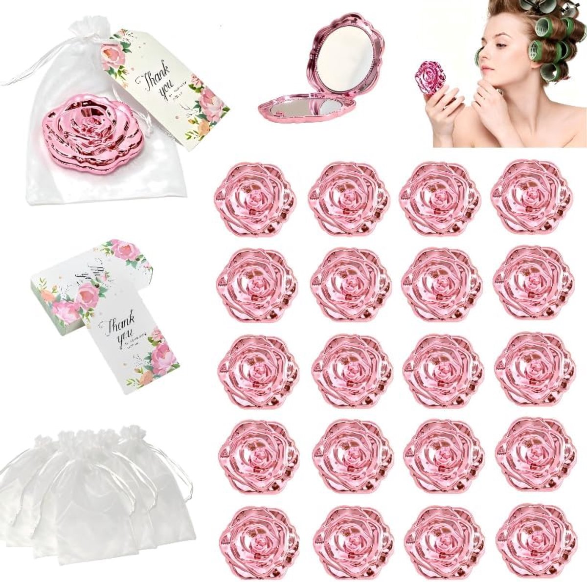 20 sets compacte rozenspiegels bulk - feestartikelen voor gasten, huwelijksgeschenken, vrijgezellenfeesten en zoete 16 geschenken - inclusief organza zakjes en bedanklabels (roze)