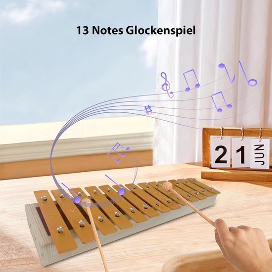 13 Notes Glockenspiel Klassieke Hout Kleur Xylofoon Metalen Toetsen Percussie Ritme Handheld Muziekinstrument met 2 Hamers Gift voor Beginners Studenten — afbeelding 3