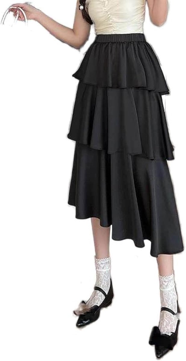 Hoge Taille Azijn Vezel Satijn Taart Rok - Zomer Veelzijdig Effen Kleur Elastische Taille Halflange Rok Kleine Onregelmatige Ruffle Rok A-Lijn Lange Rok,Black,Xs