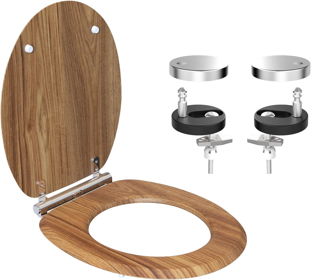 WC-bril met valrem, zeer resistent, zachte sluiting, wc-bril O-vorm, universele toiletbril (houteffect)