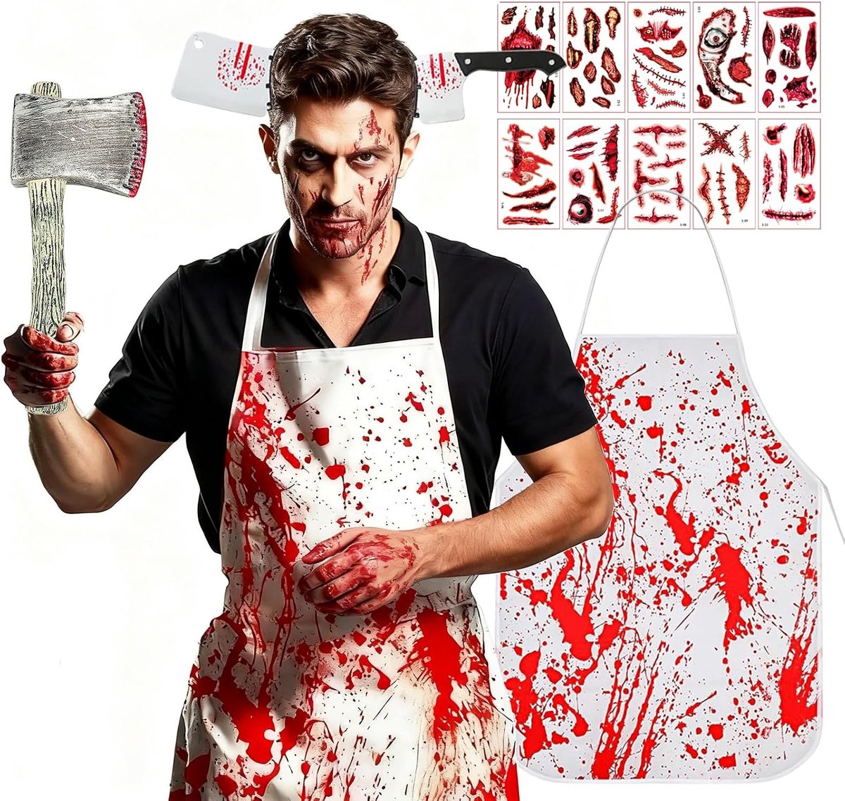Bloedige schort, slagerkostuum, Halloween-schort, slagerkostuum, mes-haarband, kan worden gebruikt als Halloween-feest