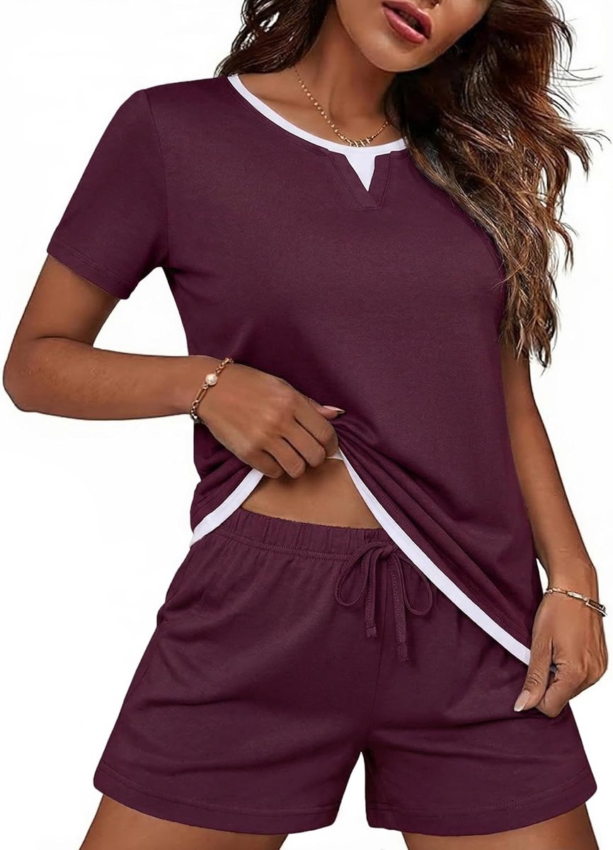 Pyjama voor dames, zomer, katoen, ronde hals, pyjamaset met korte mouwen, effen top met overlappend kraagdesign en shorts, comfortabel, lichte nachtkleding