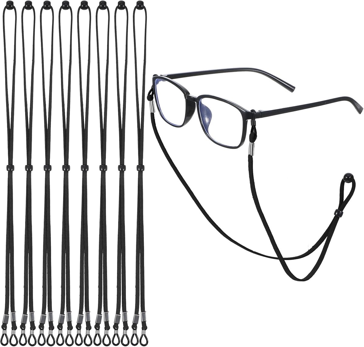 8-pack verstelbare brilband met veilige grip voor dikke en dunne armen, brilhouders om de nek, zonnebril ketting lanyard houder, brilband voor kinderen vrouwen mannen (zwart)