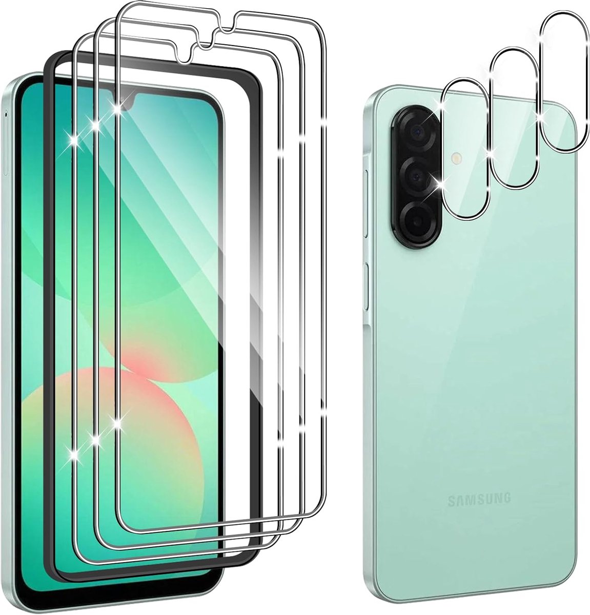 Screen protector voor Samsung Galaxy A26 5G, 3 stuks krasbestendige displaybeschermfolie met 3 stuks camerafolie, HD helder, zonder luchtbellen, Ultra Boven 9H+ Gehard glas