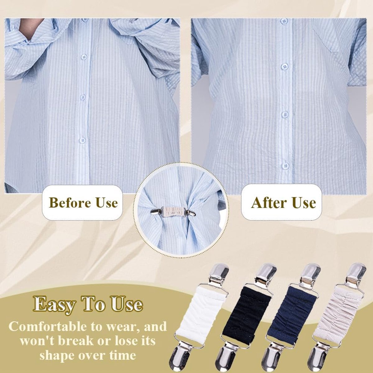 4 stuks clips terug cinch, retro veilige en krasbestendige versteviging met elastische band, verstelbare kraagclips voor sjaals, vesten, overhemden, truien, decoratieve accessoires (4 kleuren)