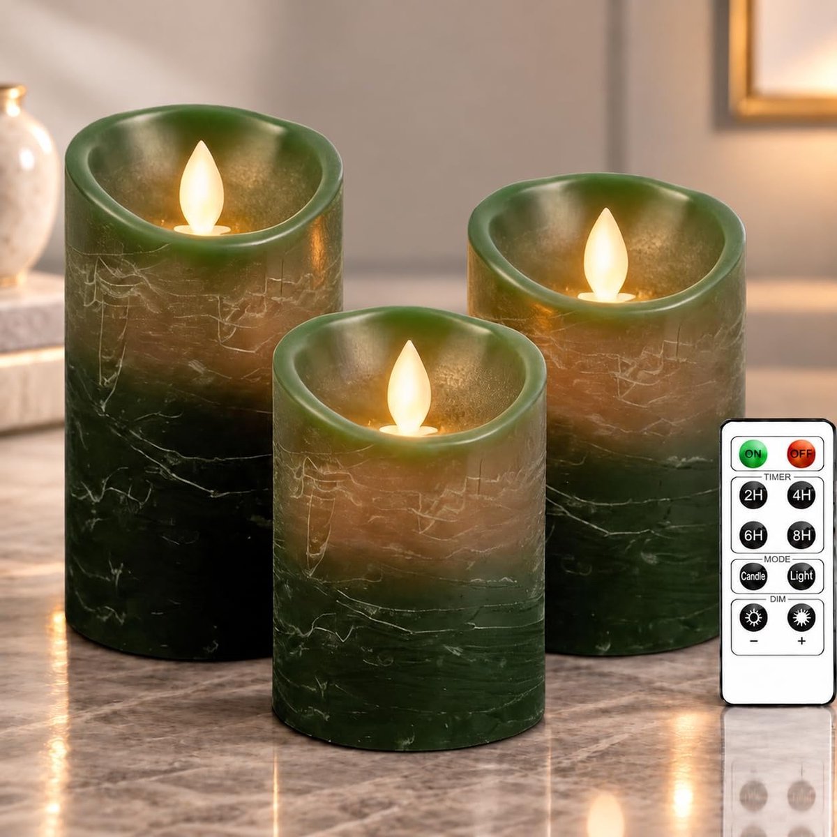 Theelichtjes 3 stuks, werkt op batterijen met afstandsbediening en timer, echte waskaars warm wit flikkerende dimbare elektrische vlamloze kaars voor huishouden, feestdecoratie