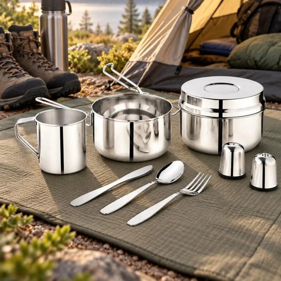 Kinghoff - KH-2060 - 9-Delig Camping Kookset - Kampeerset met Kookpan 1,5L, Mok 0,5L & Bakje 1,1L - Campingservies met Bestek, Mes, Vork & Lepel - Inclusief Zout- en Peperstrooiers - Reis- & Outdoor Set voor Camper en Tent - RVS — afbeelding 4