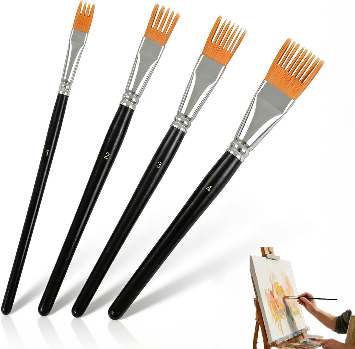 Set van 4 acrylkwasten, acrylkwasten, met handvat van berkenhout, perfect voor acrylschilderen, wenskaarten en creatieve hobby's