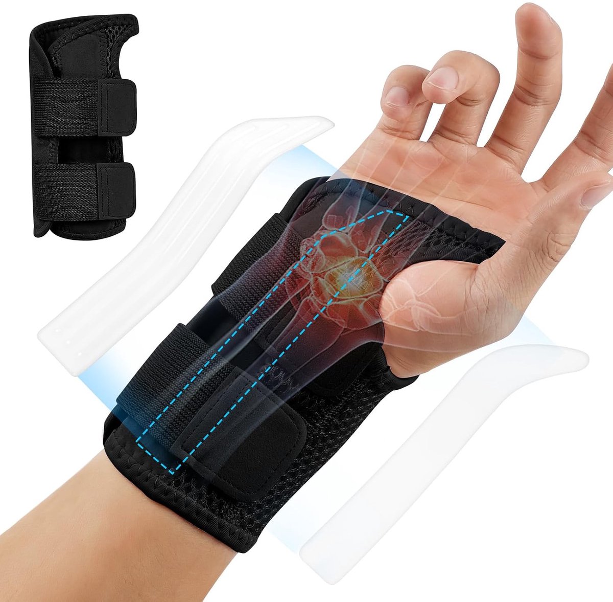 Rechts met 2 spalken, comfortabele polsband, ademend, verstelbaar, orthopedische polsbandage voor carpale tunnel, verstuikingen, peesontsteking en artritis, uniseks (rechts)