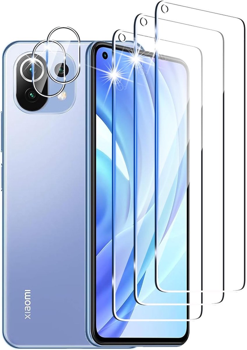 3 + 2 stuks beschermfolie voor pantserbescherming van glas voor Xiaomi Mi 11 Lite 4G/5G met camerabescherming, HD-helder, 9H hardheid, zonder luchtbellen, krasbestendige displaybescherming
