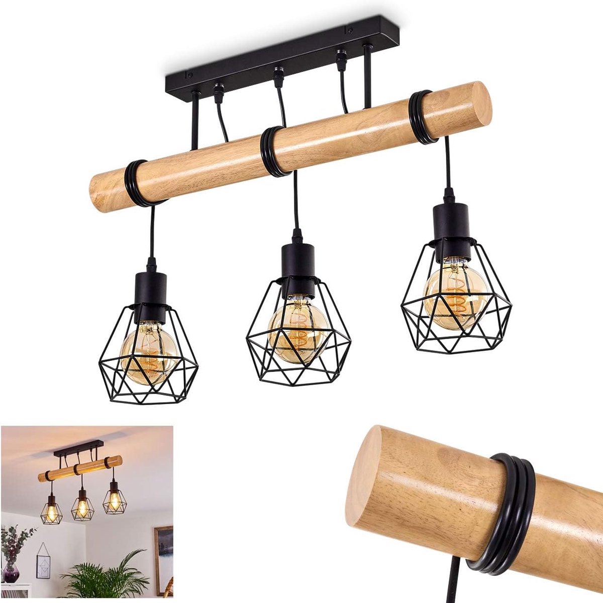 Plafondlamp Yaak, vintage plafondlamp van metaal in zwart en hout, max. hoogte 89,5 cm (verstelbaar), 3 x E27, lampkoppen zijn individueel verstelbaar,zonder lampen