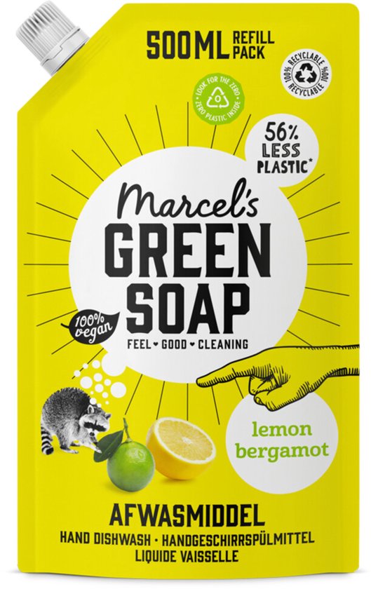 Gele Marcel's Green Soap navulverpakking voor afwasmiddel met citroen en bergamot. Bevat een wasbeer, halve citroen en groene limoen.