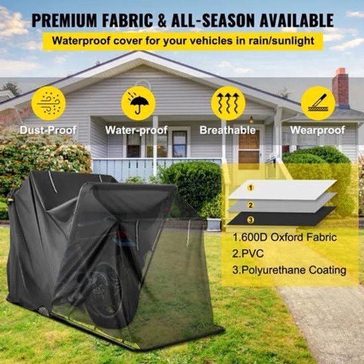 Motorhoes - Scooterhoes - Waterdicht - Geschikt voor Binnen en Buiten - Polyester Oxford Fietsopslaghoes - voor Bescherming van Motorrijders en Fietsen - 133,9 x 53,9 x 76,8inch