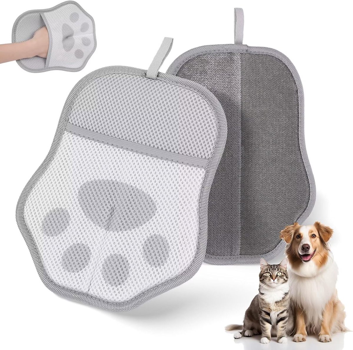 Handschoen voor dierenharen, dubbelzijdige verzorgingshandschoen voor honden en katten, ademend en antistatisch, huisdierhaarverwijderaar, herbruikbaar voor ontharing op tapijten, bank en kleding