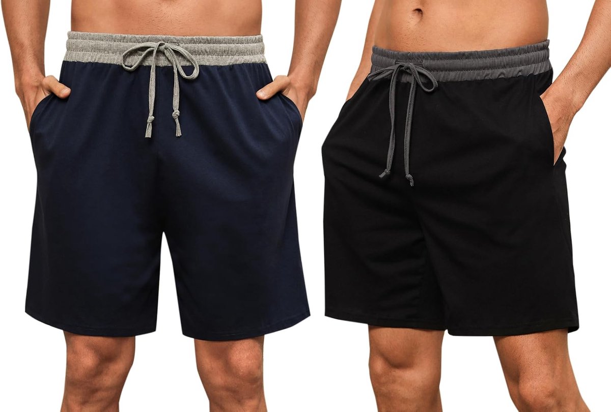 2-pack pyjamabroek voor heren, korte katoenen zomerpyjamabroek, vrijetijdsbroek, loungebroek met zijzakken en elastische tailleband