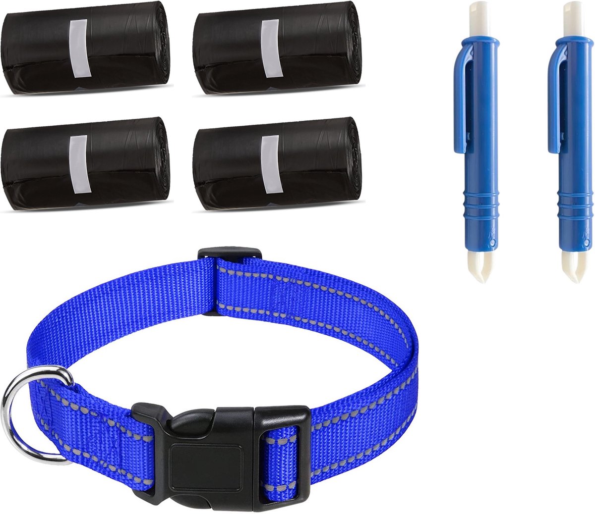 Professor Q Wandelset Hond - Halsband Donkerblauw S 30-40 cm - 80 Poepzakjes - 2 Blauwe Tekenpincetten
