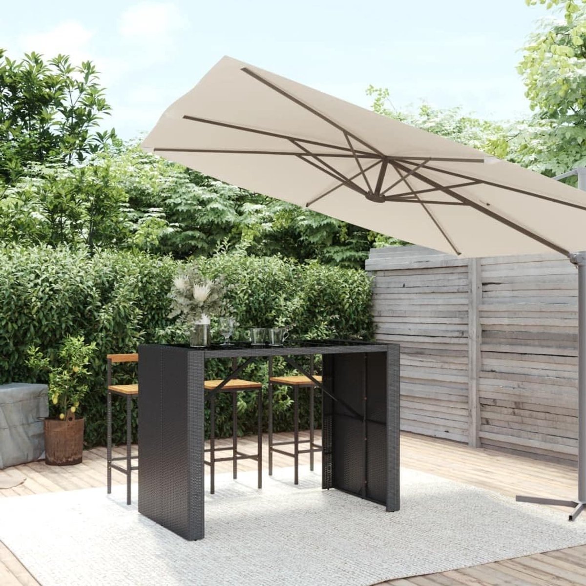 Balkontafel, terras, bartafel met glasplaat, zwart, 145 x 80 x 110 cm, polyrotan voor gazon, tuin, terras