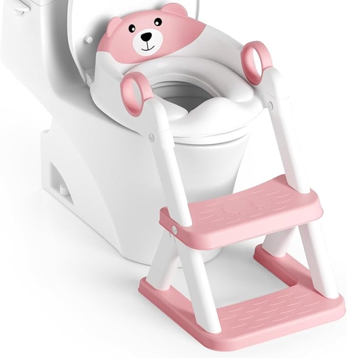 Kindertoilet met trap en beerdesign – 2-in-1 toilettrainer, verstelbaar in 6 standen, antislip en opvouwbaar, roze/wit