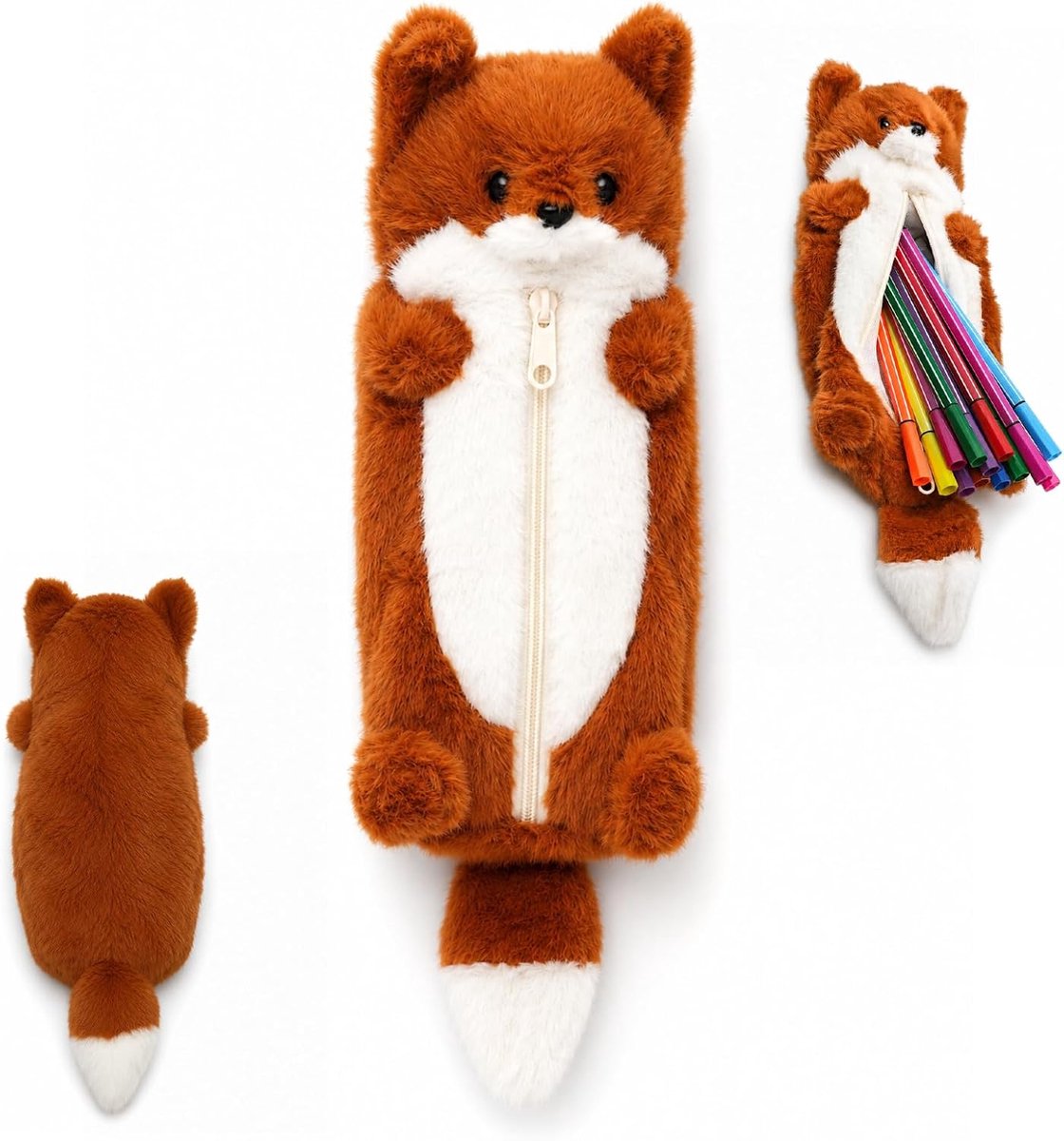 Fox Pennenetui, Pluche Etui Dierenthema, Bruin | Kawaii pluche pennenetui, kantoor organizer etui met stevige ritssluiting, etui voor school kantoor