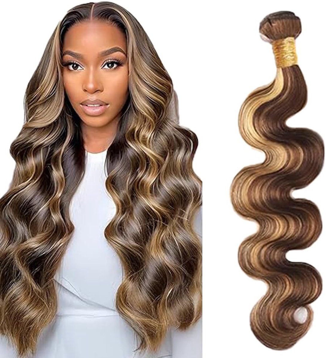 Wave Human Hair Bundles P427 Highlight Blonde Human Hair Extensions Sew in Hair Single Bundle Real Hair Double Weft Extensions Low Shedding Minimal Smell for Woman 24 Inch