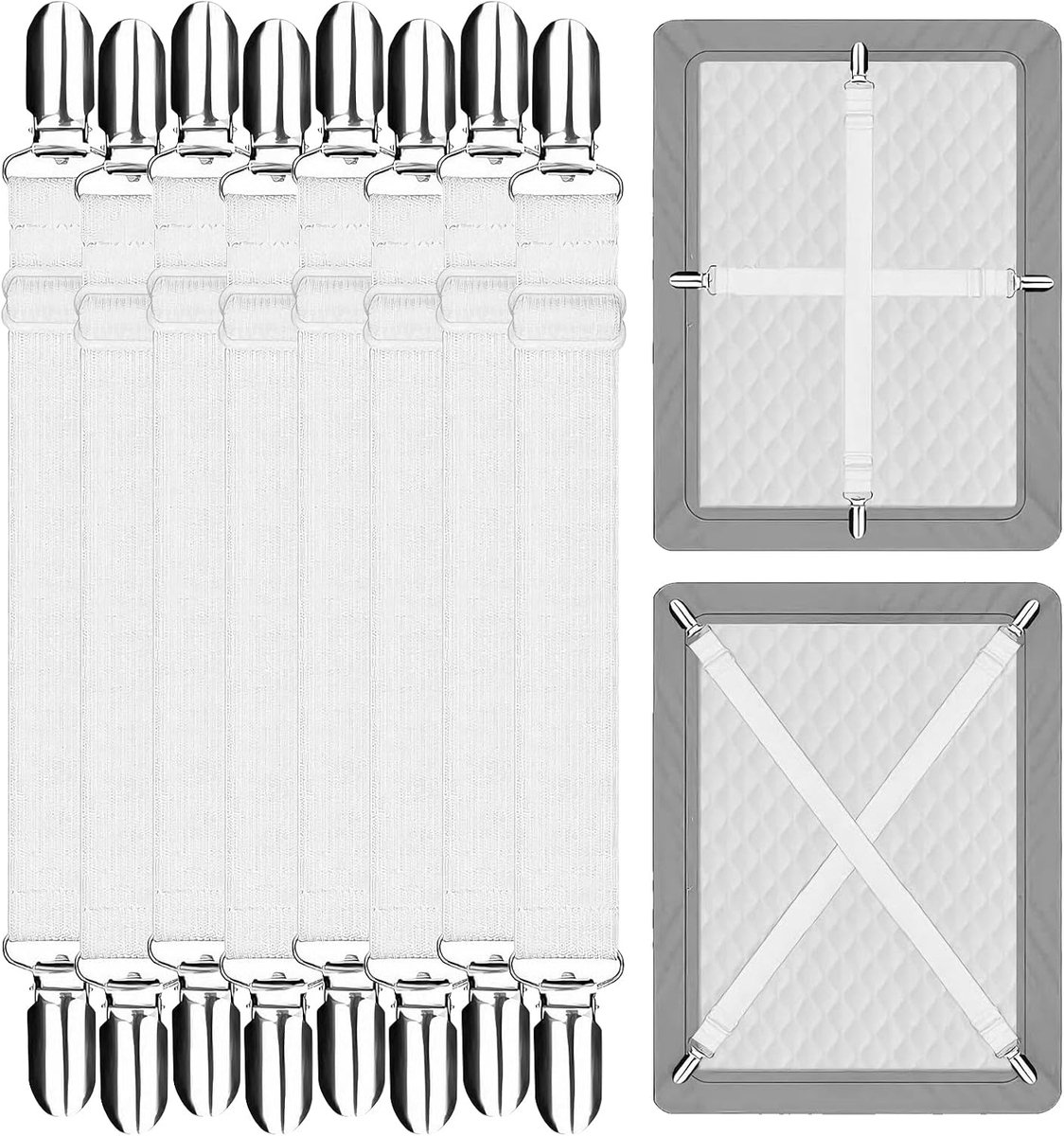 8 stuks elastische bedlaken spanners, verstelbare witte lakenspanners met 4 metalen clips, voor matras, strijkplank of sofa