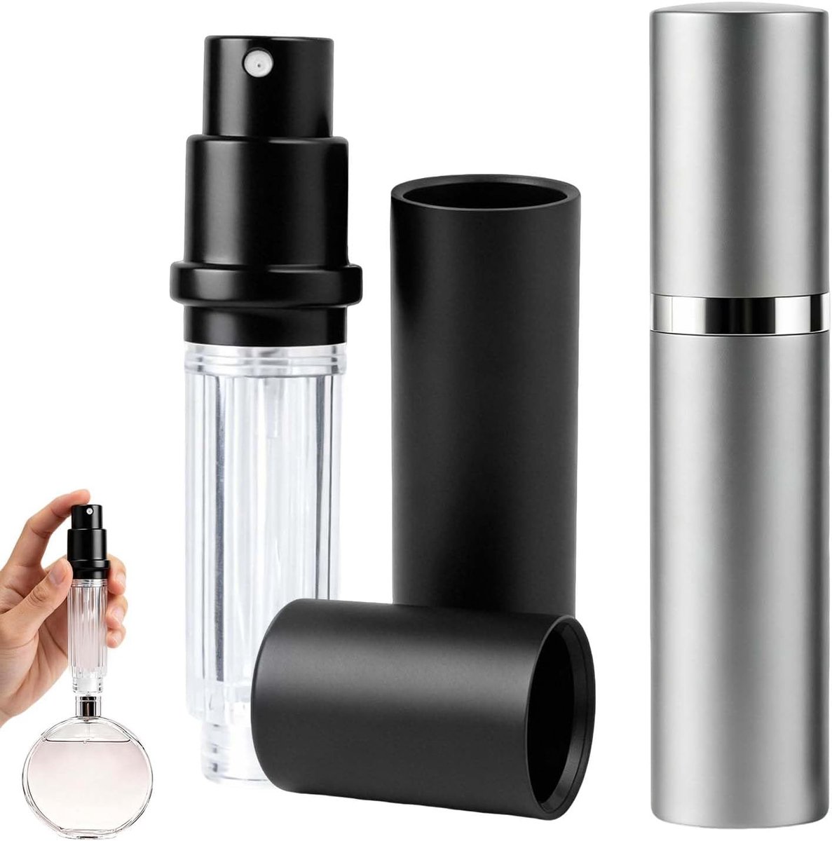 2 stuks reisparfumverstuiver, parfumvuller, 5 ml, zakverstuiver voor parfum met beschermkap, mini-spuitfles voor onderweg, zwart en elegant grijs