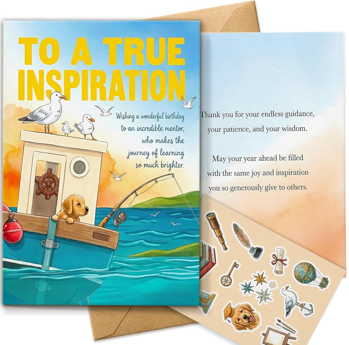 Verjaardag wenskaart, leraar en adviseur cadeau, inspirerend nautisch thema, standaard A5-formaat, dubbelzijdige print, originele kunstillustratie, inclusief kraftpapier envelop en