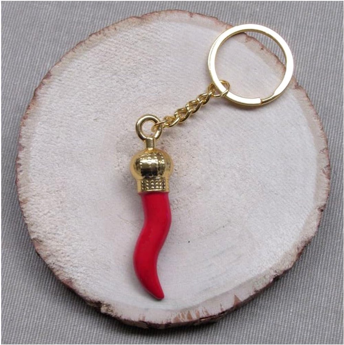 rode peper sleutelhanger, hoorn des overvloeds Italiaans symbool, geluksbrenger., 10 x 3 cm, Roestvrij staal