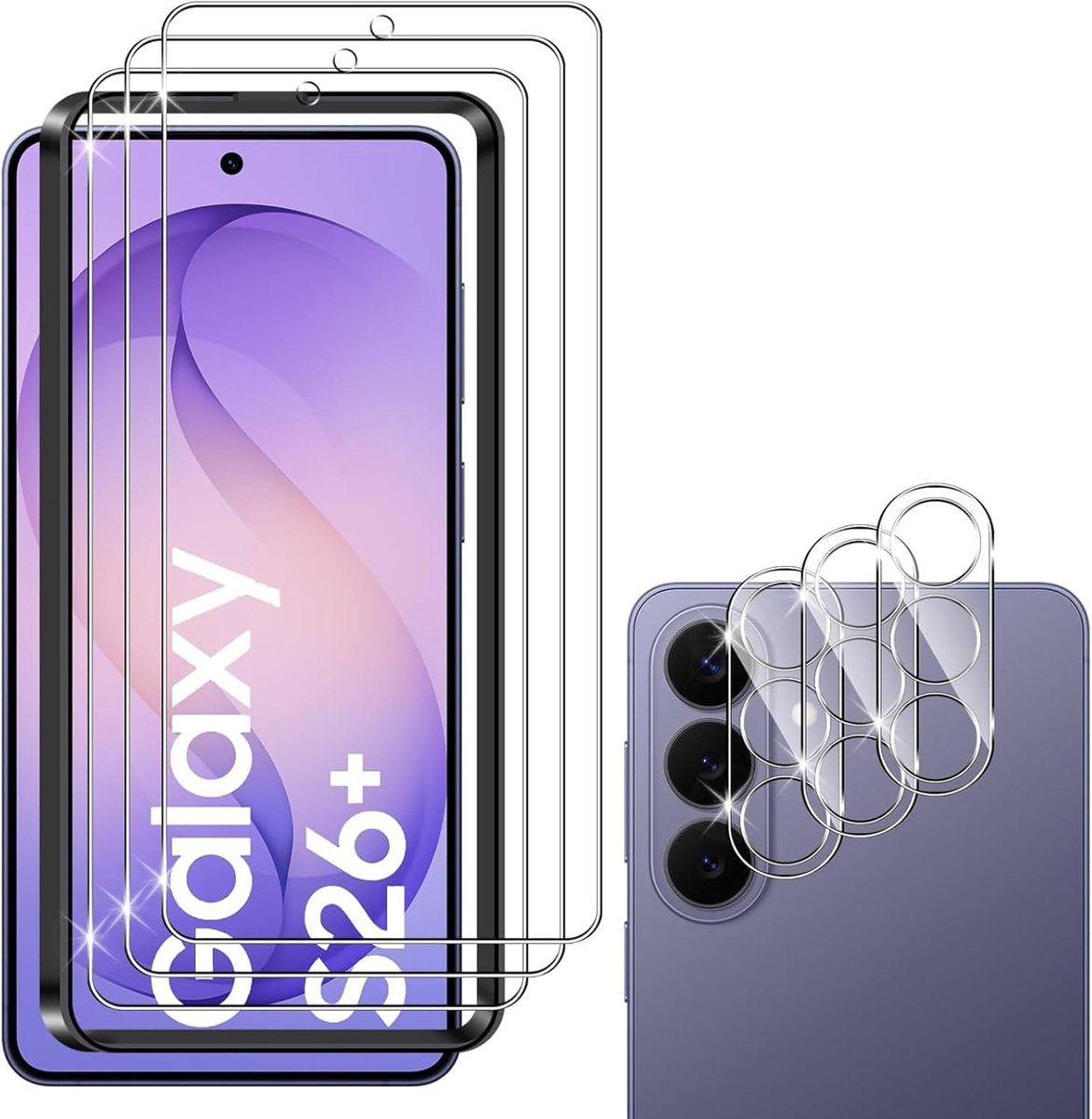 Protector voor Samsung Galaxy S26 Plus/ S26+ Screenprotector, 3 Stuks Armor Beschermfolie met 3 Stuks Camerabescherming, Beschermend Glas, Hard Glas 9H, met Eenvoudige Installatietool