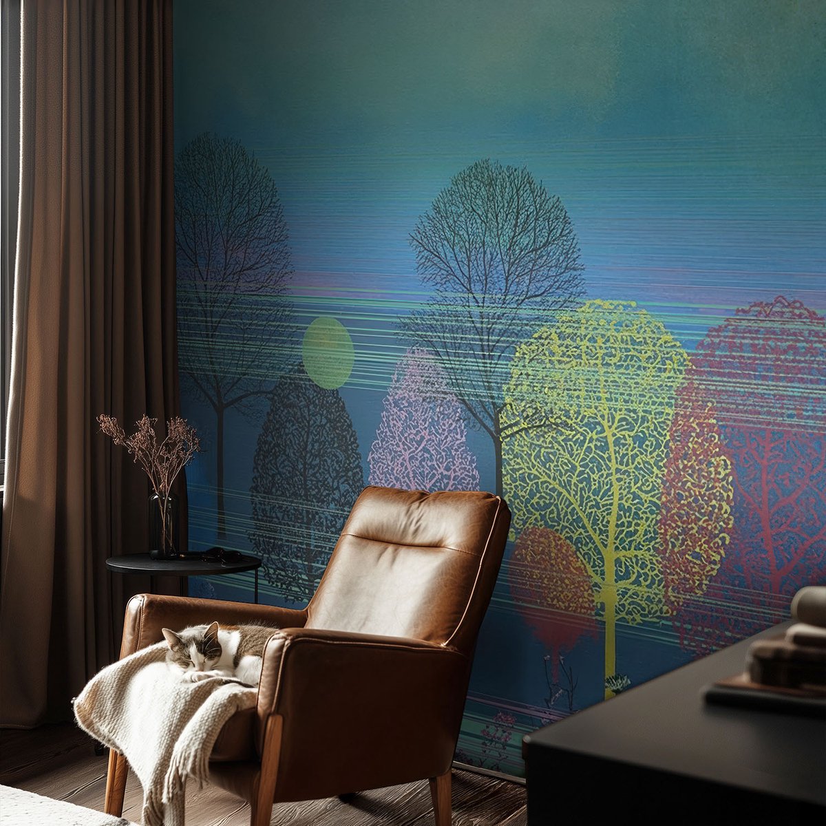 Coloray Vliesbehang - Blauw Snellijm Behang - 152x104 cm - Kleurrijke Harmonie Fotobehang Vlies - Hal behang Bloemen En Planten - Muurschildering - Woonkamer behang