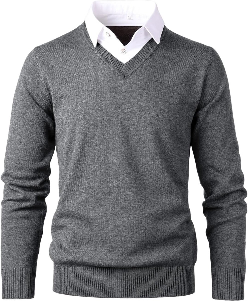 trui voor heren, modieuze trui, zacht aanvoelende V-hals sweatshirt top met geruite of witte mock-overhemdkraag