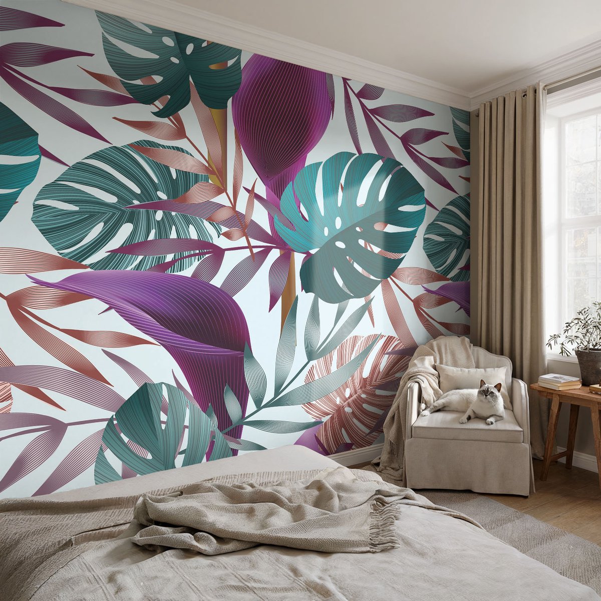 Coloray Vliesbehang - Paars Snellijm Behang - 104x70 cm - Tropische Compositie Muurschildering - Slaapkamer behang Bloemen En Planten - Fotobehang Vlies - Slaapkamer behang