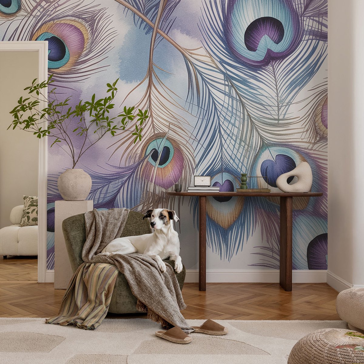 Coloray Vliesbehang - Paars Snellijm Behang - 104x70 cm - Pauwenveren Fotobehang Vlies - Woonkamer behang Abstractie - Muurschildering - Woonkamer behang
